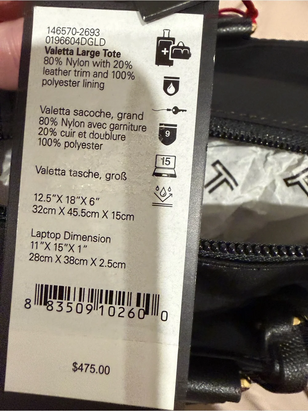 Tumi Valetta Large Black Tote with Gold-Trim Tag Fits 15” Labtop Travel